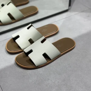 Hermes Men's Slippers in Luxury Leather in White and Olive